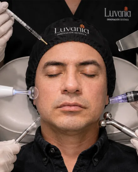 Paciente recibiendo un tratamiento facial en Luvania, rodeado del instrumental de la sesión